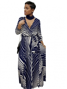 Dark Blue Stripe Printed Ankle Length Casual Dress