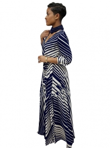 Dark Blue Stripe Printed Ankle Length Casual Dress