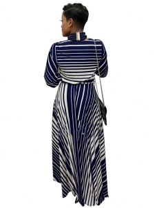 Dark Blue Stripe Printed Ankle Length Casual Dress