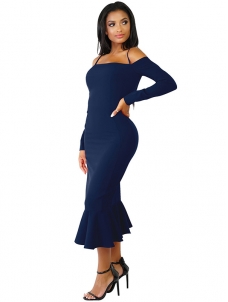 Dark Blue Trendy Falbala Design Sheath Dress 