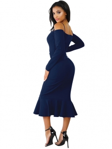 Dark Blue Trendy Falbala Design Sheath Dress 