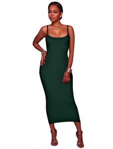 Dark Green Euramerican Sleeveless Sheath Mid Dress  