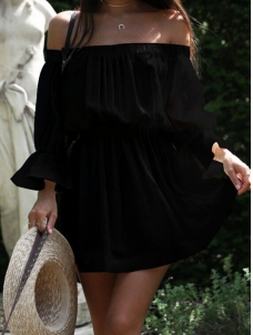 Dew Shoulder Half Sleeves Black Cotton Mini Dress