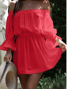 Dew Shoulder Half Sleeves Red Cotton Mini Dress