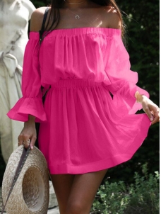 Dew Shoulder Half Sleeves Rose Cotton Mini Dress