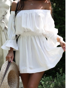 Dew Shoulder Half Sleeves White Cotton Mini Dress