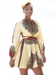 Ethnic Style Long Sleeves Totem Printed White Mini Dress