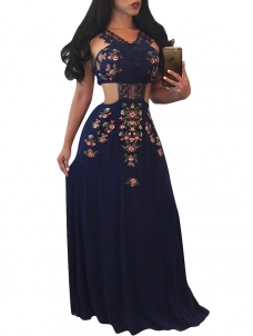 Euramerican Printed Hollow-out Navy Blue Polyester Dress 