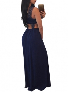Euramerican Printed Hollow-out Navy Blue Polyester Dress 