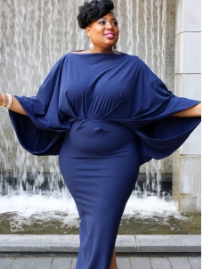 Euramerican Round Neck Hollow-out Blue Dress