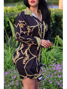 Euramerican Turndown Collar Printed Dress 