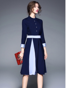 Fashion Buttoned A-line Stand Collar Midi Dress