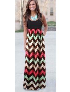 Fashion U Neck Patchwork Colorful Wavy Print Blending Bohemian Dress 