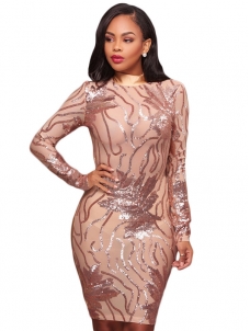 Gold See-Through Gauze Patchwork Sequined Dress