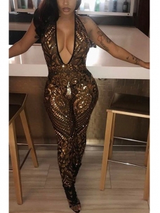 Gold Sleeveless Backless Sequined Jumpsuits