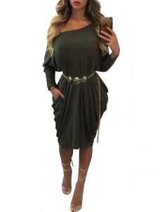 Green Dew Shoulder Polyester Drape Dress