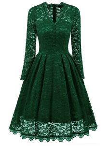 Green Fashion Lace Trim Patchwork Dress