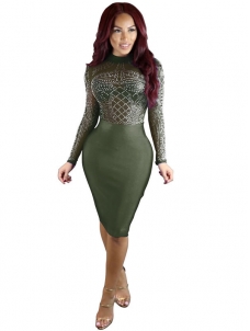 Green Mandarin Collar Printed Patchwork Bodycon Dress