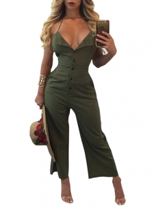 Green Sexy V Neck Backless One-piece Jumpsuits 
