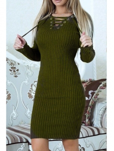 Green Sexy V Neck Lace-up Sweater Dress