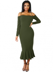 Green Trendy Falbala Design Sheath Dress 