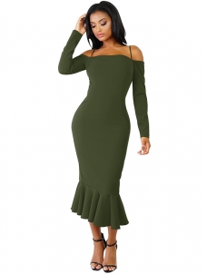 Green Trendy Falbala Design Sheath Dress 