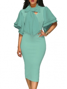 Green Trendy V Neck Half Sleeves Bow-tie Dress