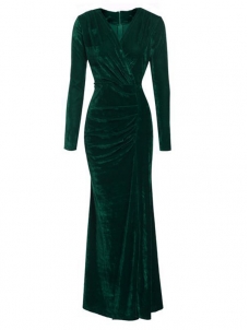 Green Trendy V Neck Velvet Fold Design Dress