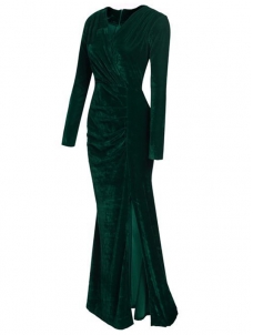 Green Trendy V Neck Velvet Fold Design Dress