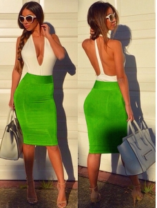 Green Tank Sleeveless Backless Patchwork Bodycon Dress 