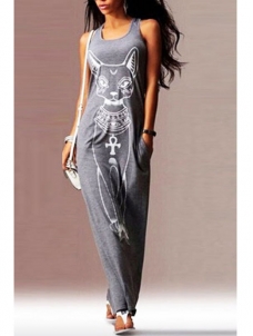 Grey Cat Print Sheath Ankle Length Casual Dress 