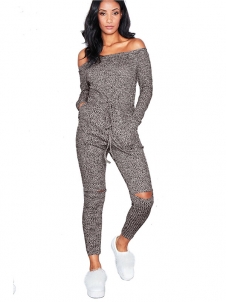 Grey Dew Shoulder Broken Holes Jumpsuits 