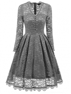 Grey Fashion Lace Trim Patchwork Dress