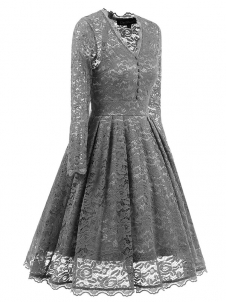 Grey Fashion Lace Trim Patchwork Dress