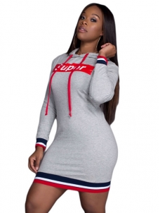 Grey Hooded Collar Letters Printed  Casual Dress