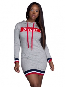 Grey Hooded Collar Letters Printed  Casual Dress