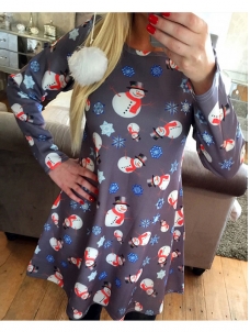 Grey Round Neck Printed Blue Casual Dress 