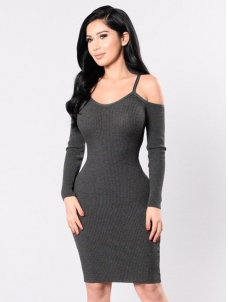Grey S-XL Off Shoulder Bodycon Dress