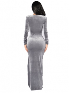 Grey Sexy Long Sleeves Side Split Dress 