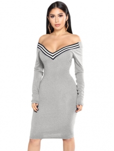 Grey Sexy V Neck Cap Sleeves Striped Midi Dress 