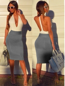 Grey Tank Sleeveless Backless Patchwork Bodycon Dress 
