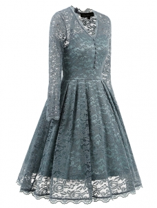 Light Blue Fashion Lace Trim Patchwork Dress