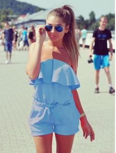 Light Blue Stylish Strapless Falbala One-piece Jumpsuits