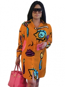 Orange Trendy Turndown Collar Printed Dress