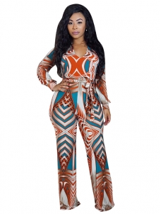 Orange V Neck Printed One-piece Jumpsuits 