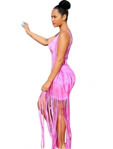 Pink Round Neck Tassel Ankle Length Maxi Dress 