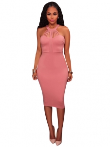 Pink S-XL Sexy Scoop Neck Zipper Midi Dress