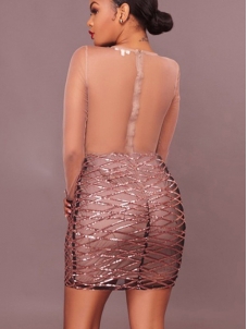 Pink Sexy Round Neck Sequined Mini Dress
