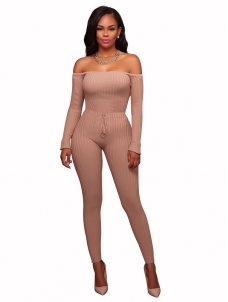 Pink Stylish Dew Shoulder  One-piece Jumpsuits