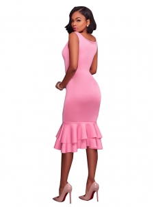 Pink Trendy Round Neck Falbala Design Dress